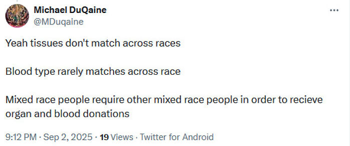 Tweet spreading incorrect medical knowledge about tissue and blood type matching across races, reflecting medical misinformation shaming.