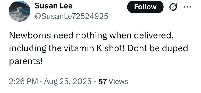 Tweet from Susan Lee claiming newborns need no vitamin K shot, reflecting medical misinformation shared online and public shaming.
