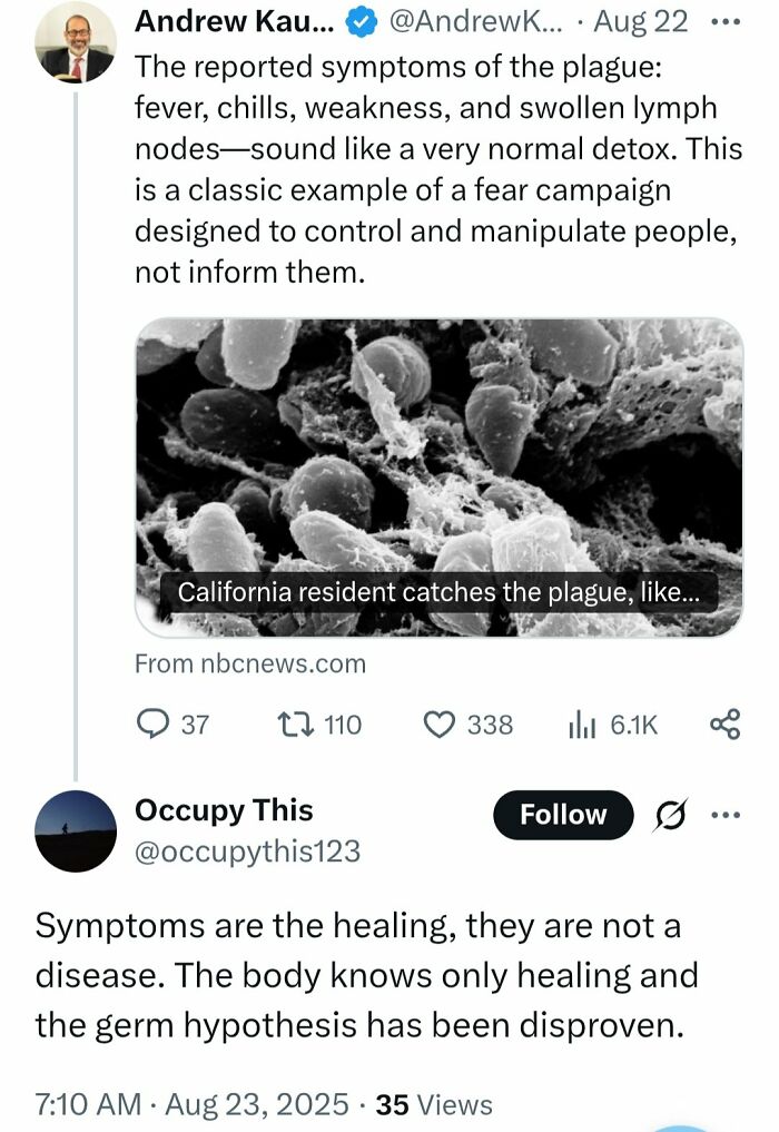 Screenshot of a social media thread spreading disputed medical knowledge and misinformation about disease symptoms and germs.
