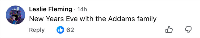 Facebook comment by Leslie Fleming about New Years Eve with the Addams family, related to Barron Trump awkward moment. Facebook comment by Leslie Fleming about New Years Eve with the Addams family, related to Barron Trump awkward moment.