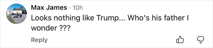 Comment questioning Barron Trump's resemblance and sparking paternity conspiracy theories at NYE event. Comment questioning Barron Trump's resemblance and sparking paternity conspiracy theories at NYE event.