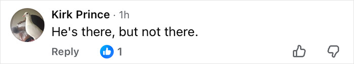 Comment on social media by Kirk Prince stating "He's there, but not there," with one like and a neutral reaction option visible. Comment on social media by Kirk Prince stating "He's there, but not there," with one like and a neutral reaction option visible.