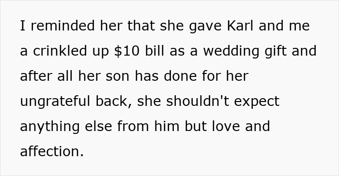 Alt text: Text discussing a greedy MIL wedding gift of a crinkled $10 bill and family expectations of love and affection.
