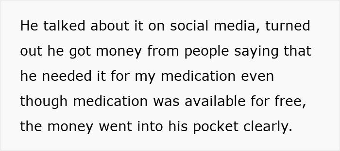Text excerpt accusing husband cancer diagnosis excuses to solicit money meant for medication. Text excerpt accusing husband cancer diagnosis excuses to solicit money meant for medication.