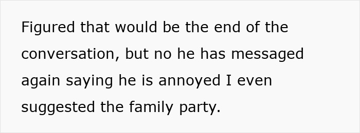 Text message about family party causing annoyance, highlighting son's reaction to mom inviting GF to dad’s party. Text message about family party causing annoyance, highlighting son's reaction to mom inviting GF to dad’s party.