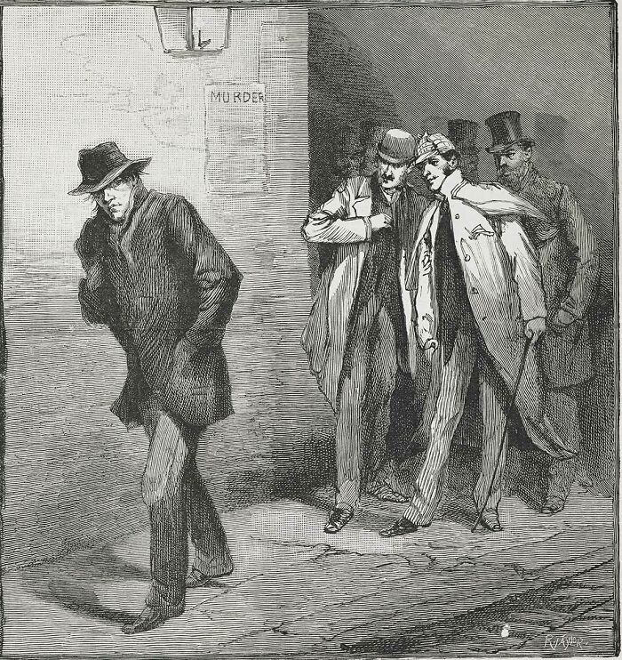 Vintage black and white illustration of a mysterious man and three observers linked to biggest unsolved cases worldwide.