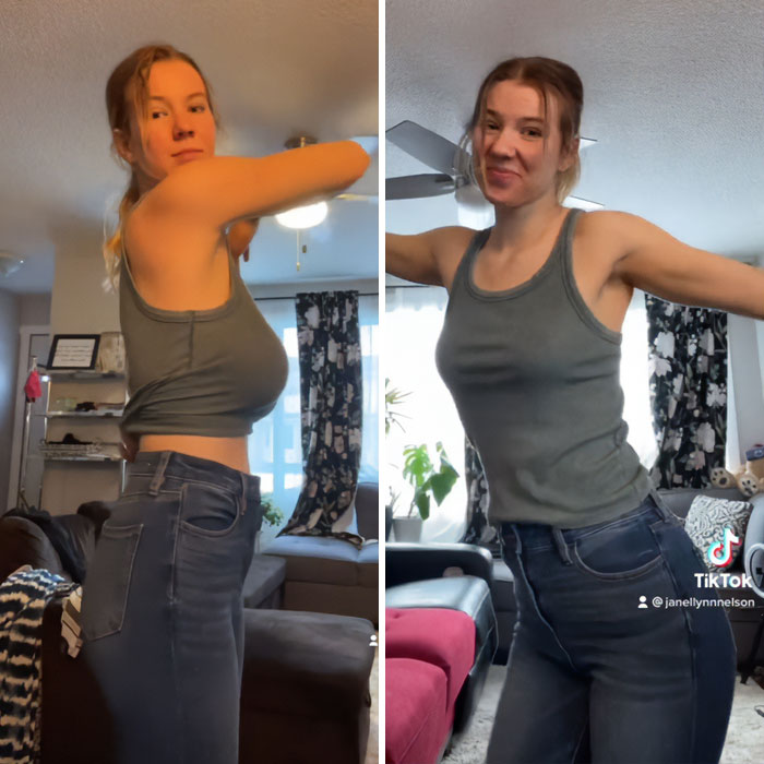 Young woman in casual outfit posing indoors, highlighting her breast reduction transformation in a viral social media video. Young woman in casual outfit posing indoors, highlighting her breast reduction transformation in a viral social media video.