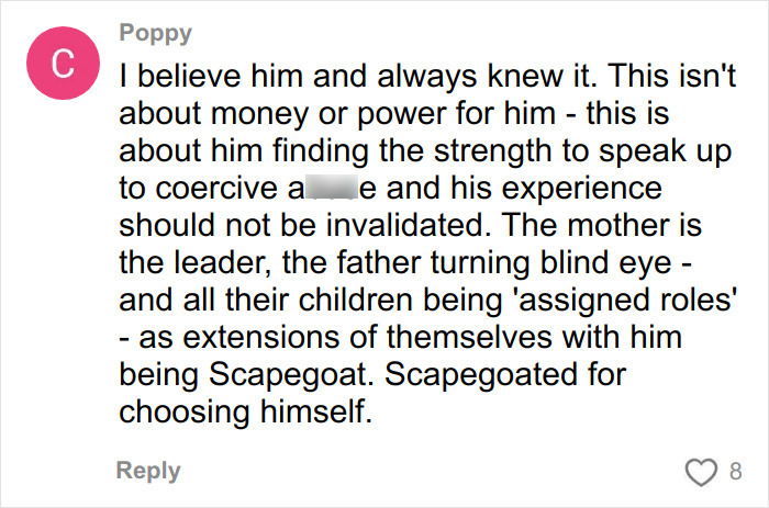 Comment from Poppy discussing Brooklyn Beckham&rsquo;s online attack amid family feud and his experience with coercive a***e.