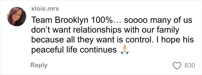 Comment supporting Brooklyn Beckham amid family feud, expressing hope for his peaceful life to continue without control issues.