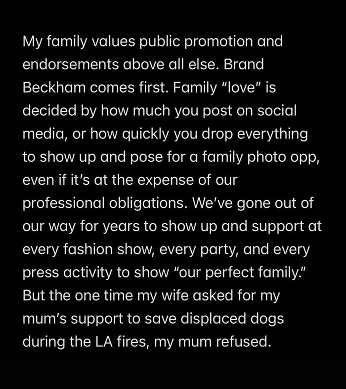 Text post criticizing family dynamics and public promotion, linked to Brooklyn Beckham out of touch family feud comments.