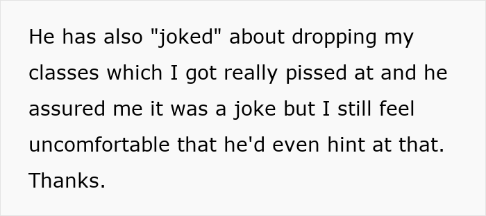 Text message expressing discomfort about brother&rsquo;s stalker tendencies and impact on college and mental health.