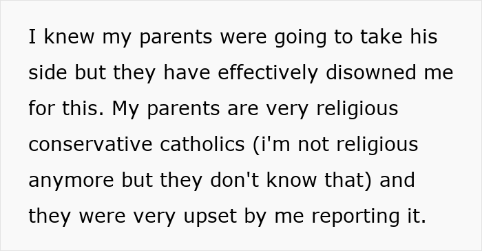 Text excerpt about parents disowning woman due to brother's stalker tendencies affecting her sanity, college, and job.