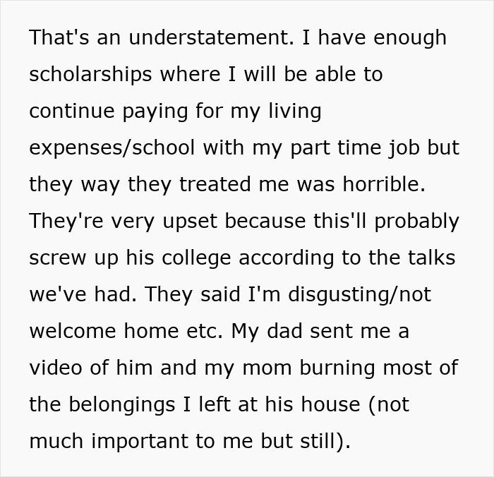 Text excerpt describing a woman&rsquo;s struggles with college, job loss, and family conflict due to brother&rsquo;s stalker tendencies.