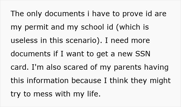 Text stating need for more documents to get a new SSN card, fearing parents might use information to interfere with life.