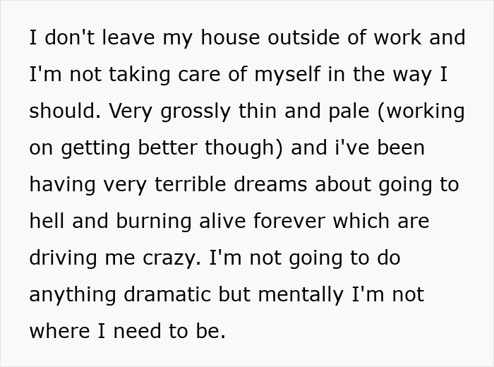 Text describing a woman&rsquo;s mental health struggles caused by brother&rsquo;s stalker tendencies impacting her college and job.