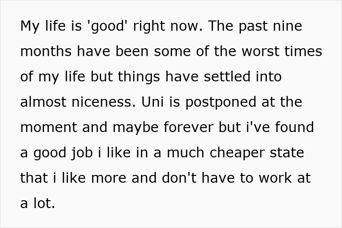 Text excerpt describing a woman&rsquo;s recovery after losing college, job, and sanity due to brother&rsquo;s stalker tendencies.