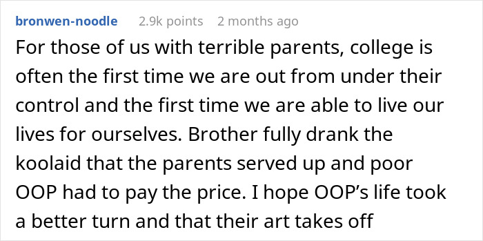 Reddit post text discussing a woman losing college and job due to brother's stalker tendencies and family control issues.