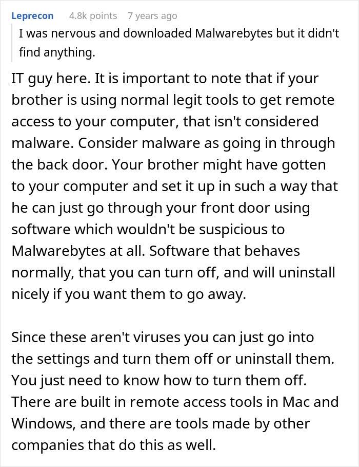 Screenshot of an online forum discussing brother's stalker tendencies causing loss of college, job, and mental stability.