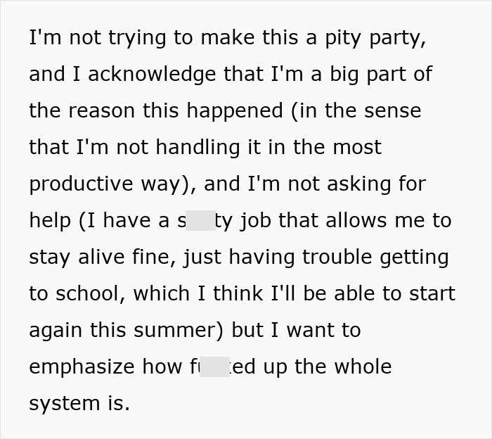 Text excerpt showing a woman describing losing college, job, and sanity due to brother&rsquo;s stalker tendencies and personal struggles.