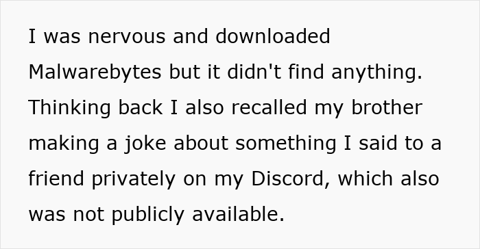 Text excerpt showing a woman describing her brother's stalker tendencies affecting her privacy and mental well-being.