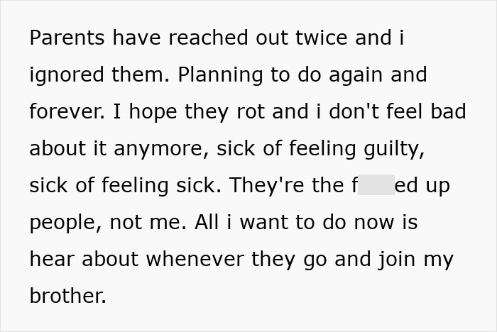 Text message expressing anger and hopelessness about parents, relating to brother's stalker tendencies and loss of sanity.