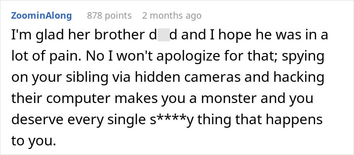 Comment discussing brother's stalker tendencies, hidden cameras, and impact on woman's college, job, and sanity.