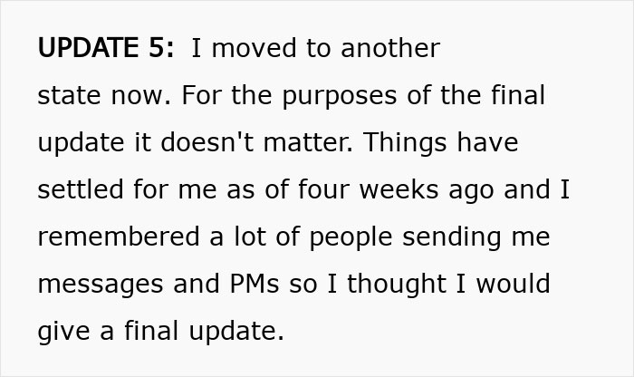 Text update about moving to another state and giving a final update after dealing with brother's stalker tendencies.