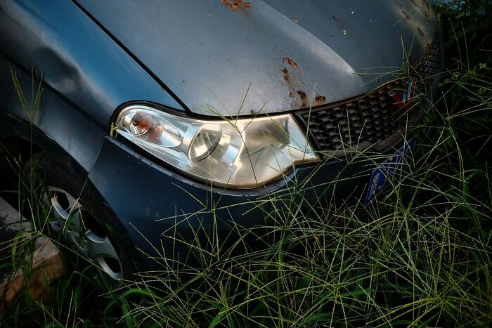 Damaged car with dents and rust partially hidden by tall grass, illustrating 3 AM chaos during the night shift challenges.