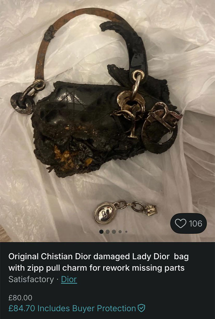Burned damaged Dior handbag with missing parts and zipp pull charm listed on resale app Vinted.