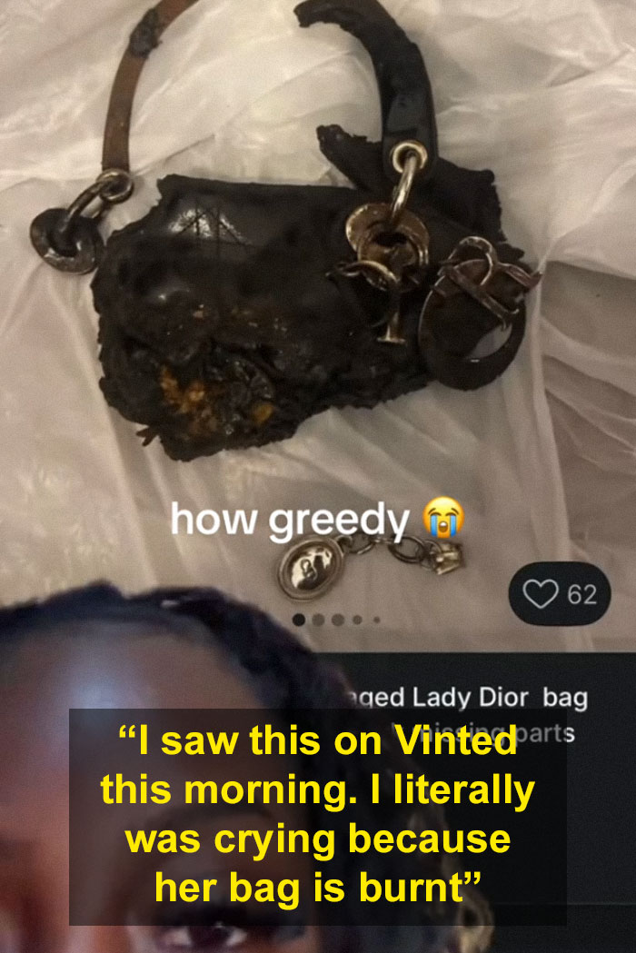 Burnt Dior handbag listed on Vinted with a viral unhinged description causing reactions online.