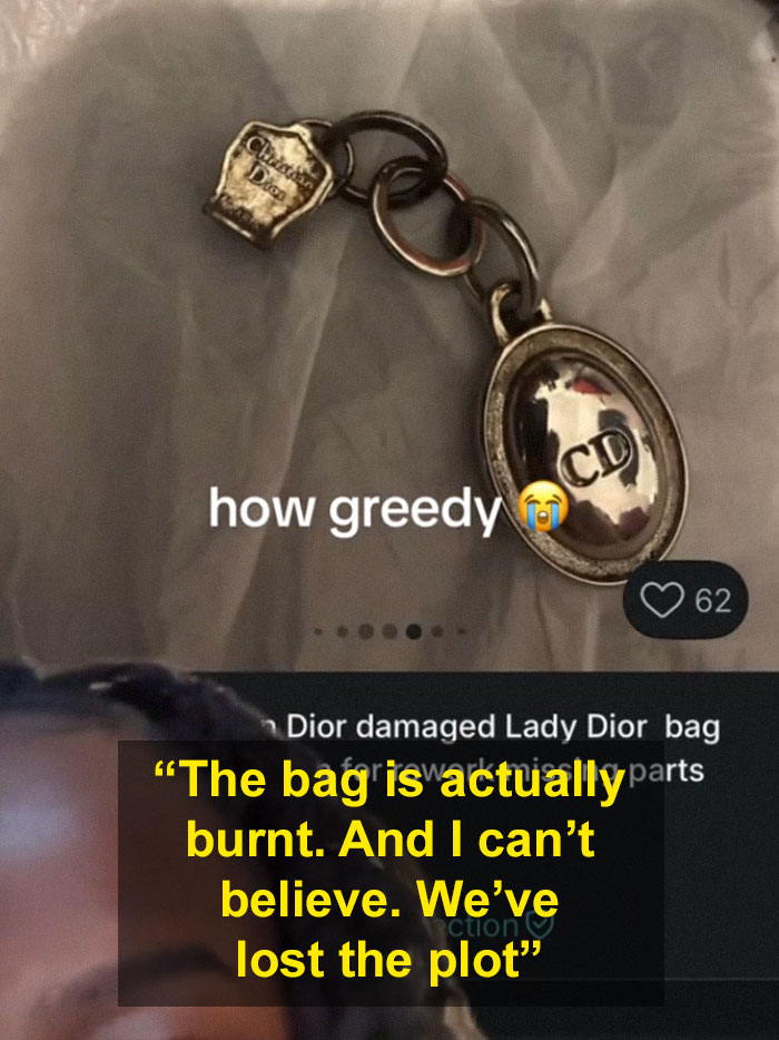 Close-up of a damaged Dior handbag charm with text about an unhinged Vinted listing going viral.