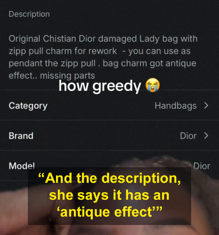 Screenshot of a viral Vinted listing describing a damaged Dior handbag with an antique effect and missing parts.
