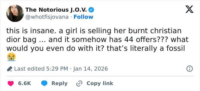 Tweet discussing a viral Vinted listing for a burnt Christian Dior handbag receiving 44 offers.