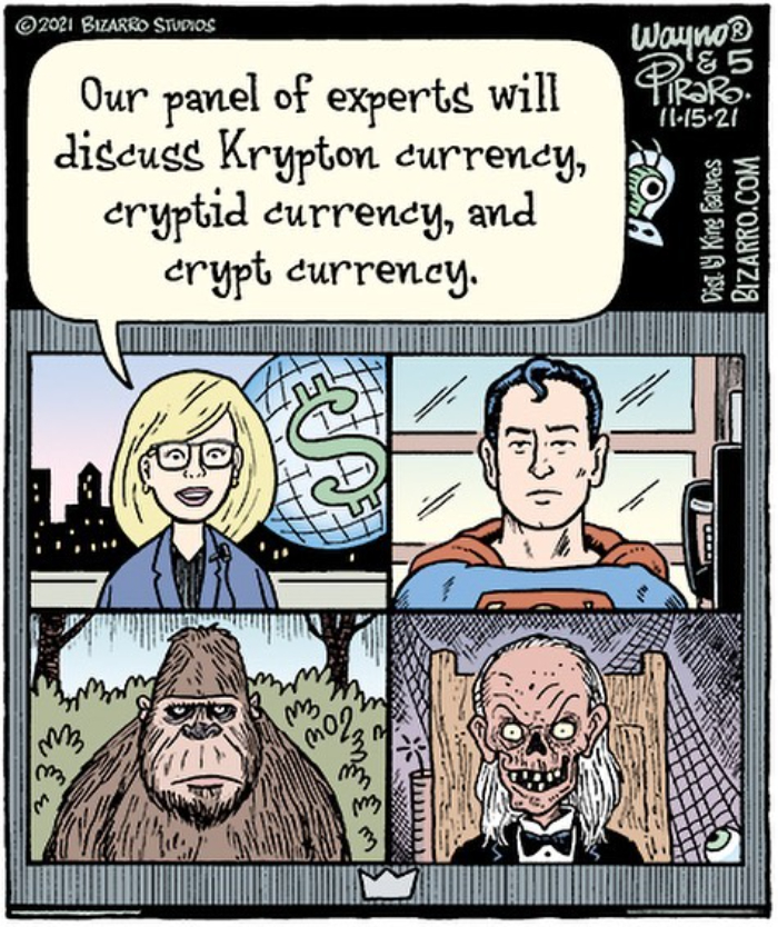 Cartoon panel by Dan Piraro showing a news panel humorously discussing different types of currency.