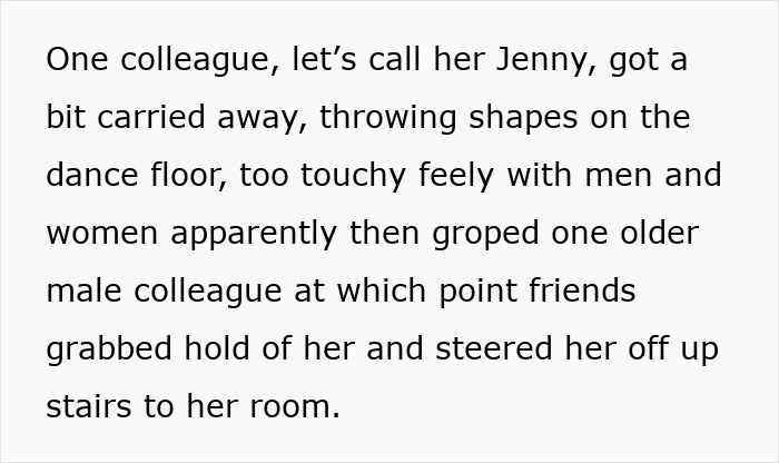 Text excerpt describing a woman's actions sparking a double-standard debate about workplace behavior and consequences. Text excerpt describing a woman's actions sparking a double-standard debate about workplace behavior and consequences.