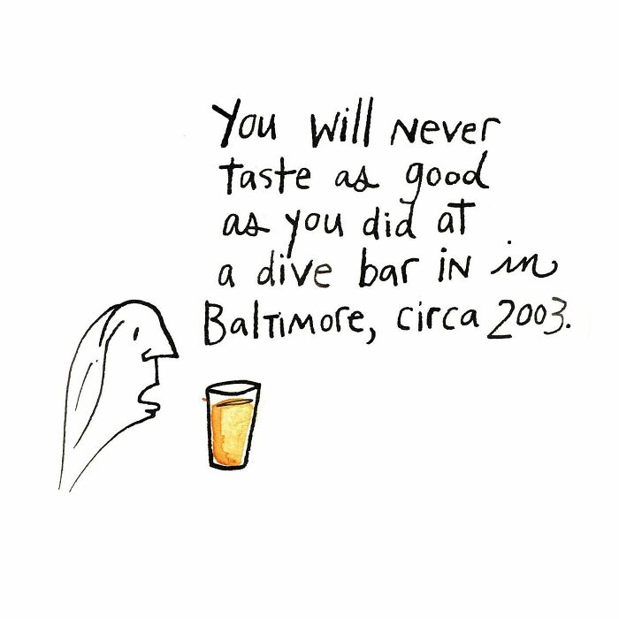 Cartoon by Dana Jeri Maier showing a person looking at a glass, captioned with a funny modern life headache joke.