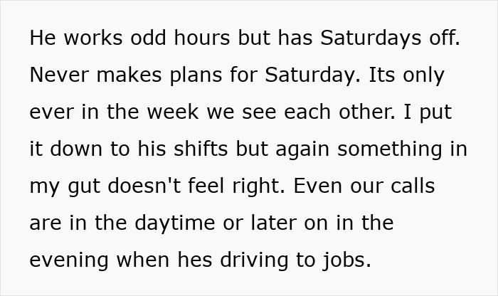 Text describing suspicion in a woman&rsquo;s casual BF during their 3-year situationship, highlighting inconsistent behavior.