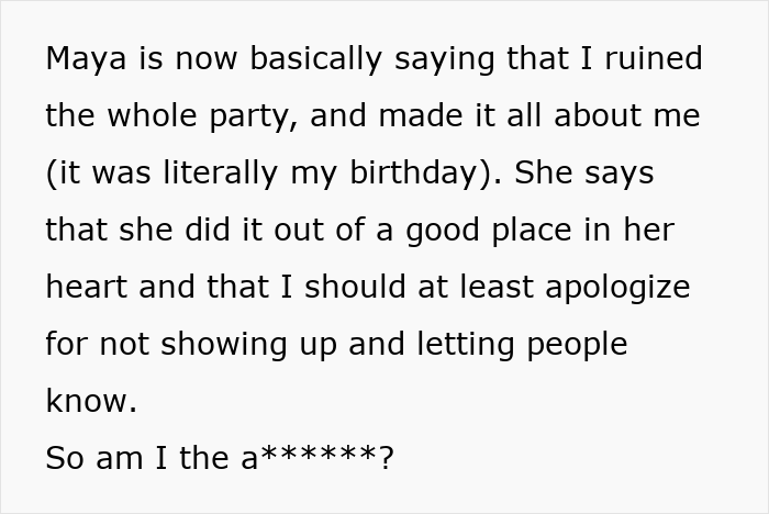 Text conversation about a woman blamed for ruining her birthday party her sister organized due to her ex being invited. Text conversation about a woman blamed for ruining her birthday party her sister organized due to her ex being invited.