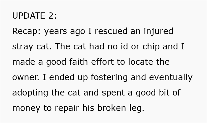 Text update about a lost cat rescued as a stray, fostered, and adopted after no ID was found.