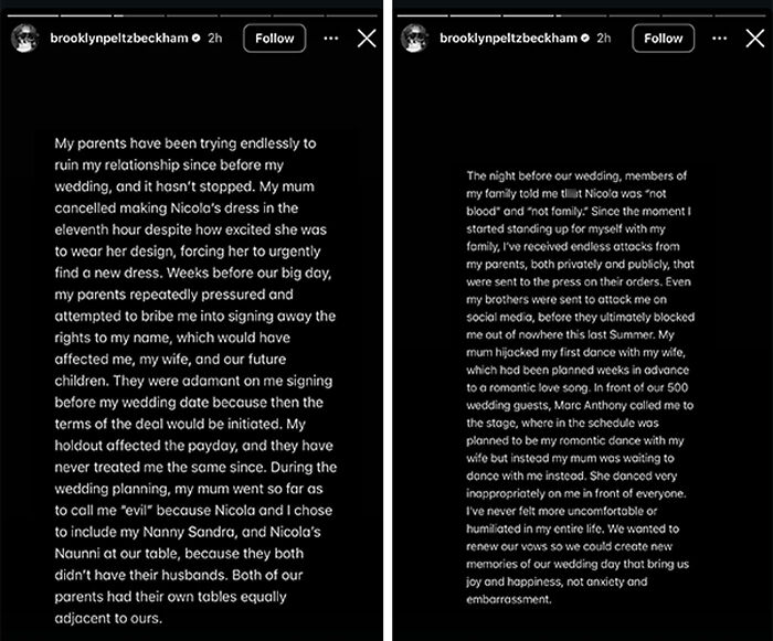 Brooklyn Beckham addresses family feud and shares details of online attacks and wedding conflicts in emotional post.