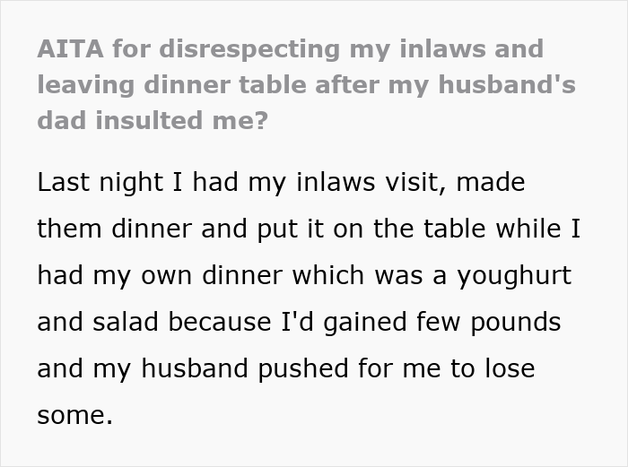 Text excerpt discussing a man calling daughter-in-law fat while husband laughs and defends his father at dinner. Text excerpt discussing a man calling daughter-in-law fat while husband laughs and defends his father at dinner.
