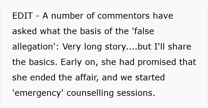 Text discussing wife’s cosmetic upgrade, infidelity, and husband’s emotional spiral amid counseling sessions.