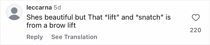 Instagram comment about beauty, discussing brow lift effects related to celeb facialist glow secrets.