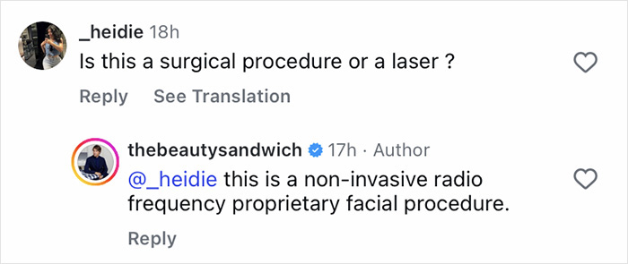 Instagram comments showing a user asking about a facial procedure and celeb facialist explaining it's non-invasive radio frequency.