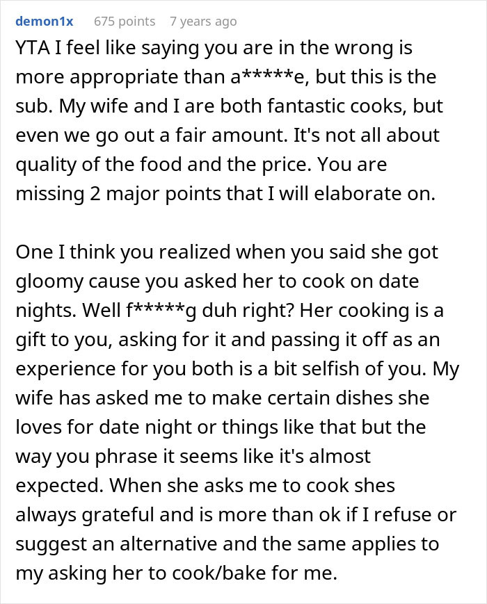 Text post discussing a chef girlfriend and boyfriend not going to restaurants, focusing on cooking dynamics in relationships. Text post discussing a chef girlfriend and boyfriend not going to restaurants, focusing on cooking dynamics in relationships.