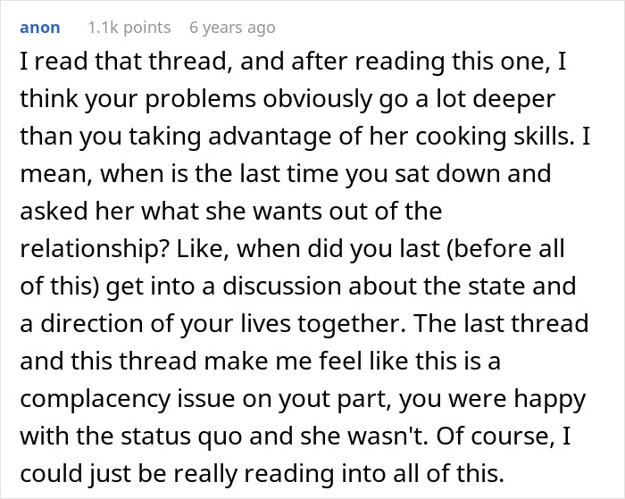 Commenter anonymously discussing relationship issues involving a chef girlfriend and boyfriend not going to restaurants. Commenter anonymously discussing relationship issues involving a chef girlfriend and boyfriend not going to restaurants.