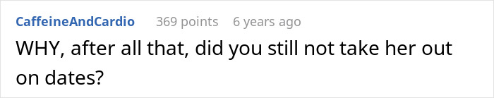 Comment text on a white background asking why the chef girlfriend and boyfriend are not going to restaurants for dates.