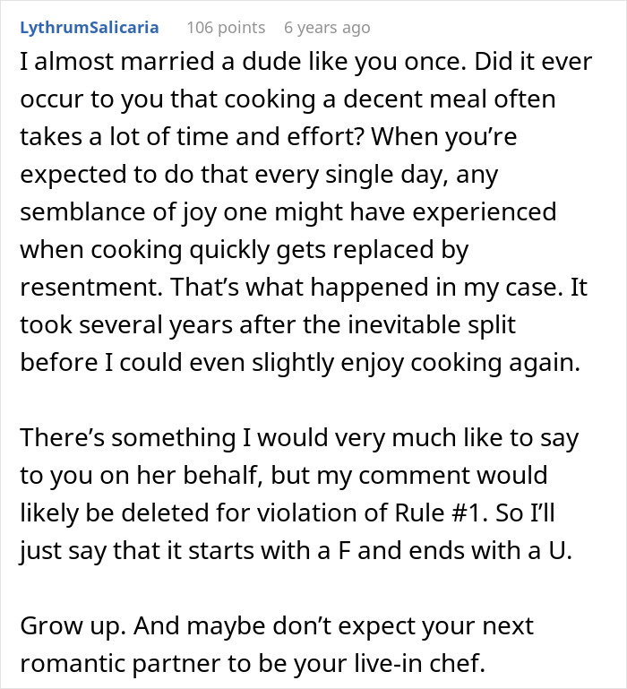 Comment discussing challenges of being a chef girlfriend or boyfriend and why couples avoid going to restaurants together.