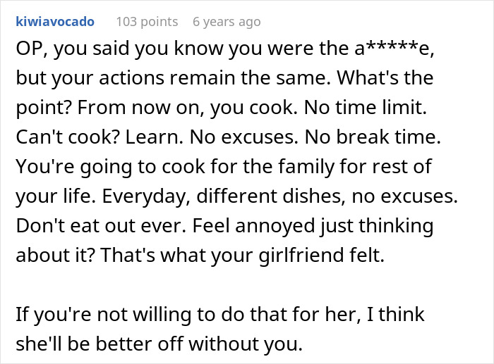 Comment discussing a boyfriend becoming a chef to cook every meal and not going to restaurants for his girlfriend.