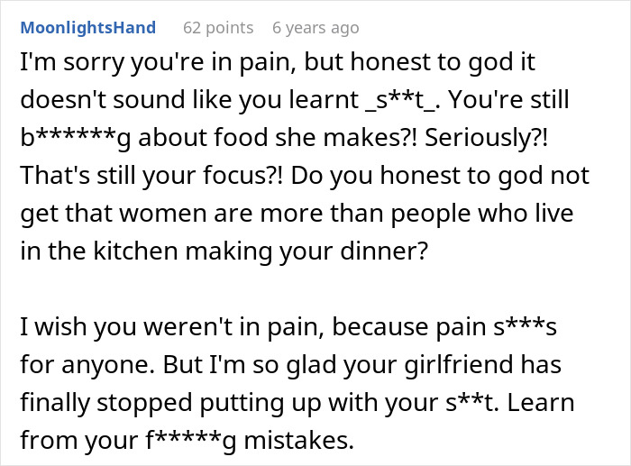 Comment discussing chef girlfriend and boyfriend not going to restaurants due to relationship and cooking issues. Comment discussing chef girlfriend and boyfriend not going to restaurants due to relationship and cooking issues.